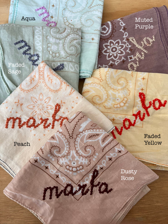 Marfa embroidered bandanas, with color labels.